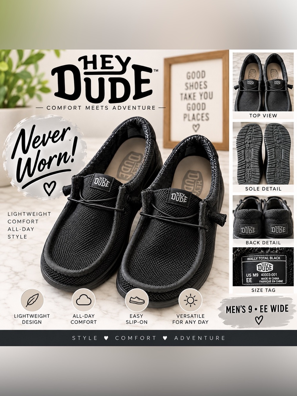 HEYDUDE Wally Total Black Men’s 9 EE Wide Shoes Never Worn